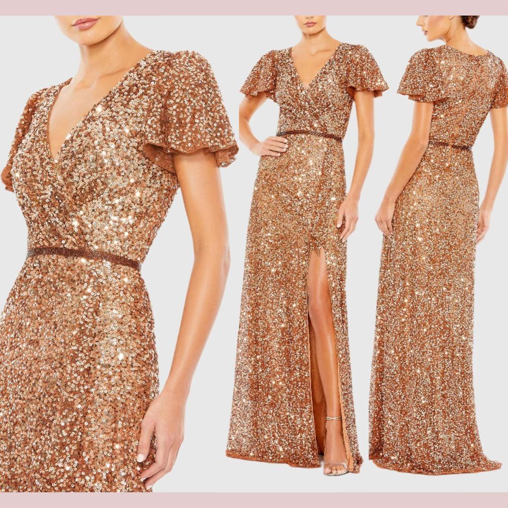 NWT Mac Duggal [ 10 ] 5540 Sequined Wrap Over Butterfly Sleeve Draped Gown Coppe